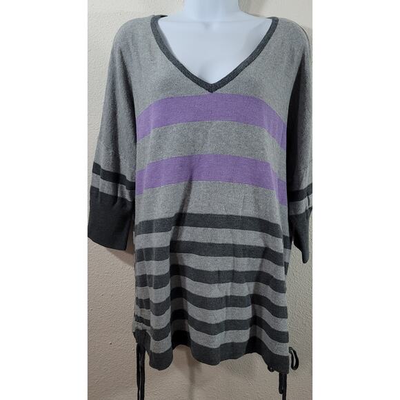 Gray Purple Striped V Neck Sweater Top XL Lightweight Soft Stretchy Side Ties - Picture 1 of 4